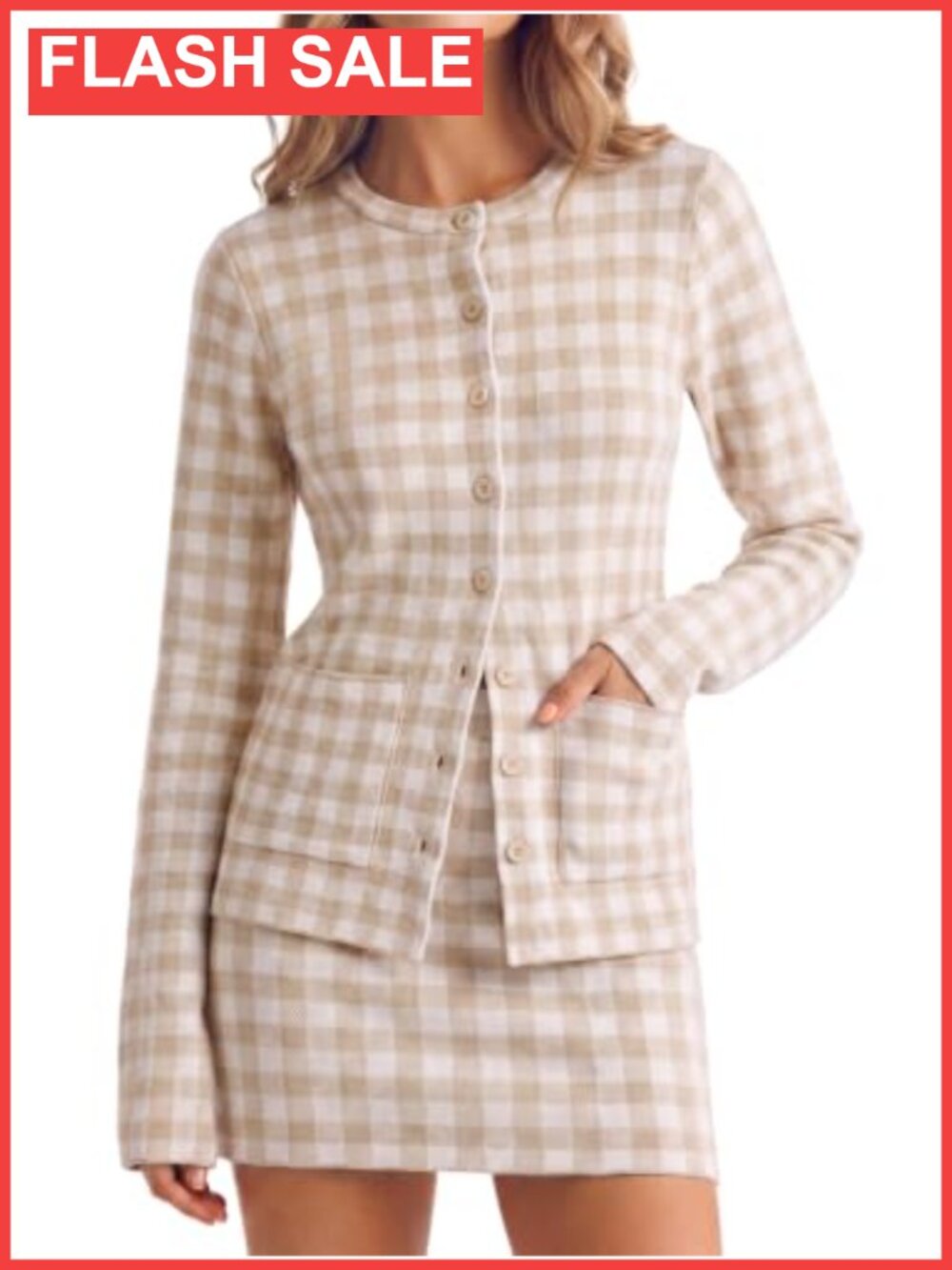 Wenrine Womens Gingham Cardigan Sweater and Mini Skirt 2 Piece Knit Set